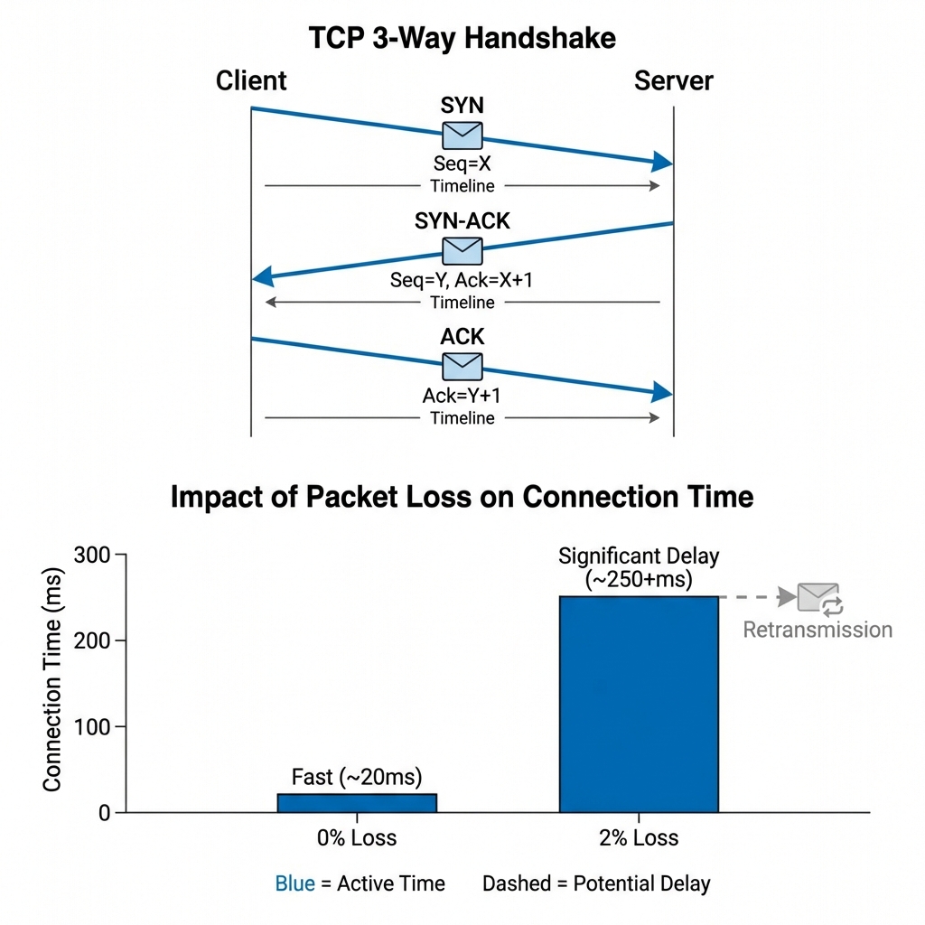 TCP 3-Yönlü El Sıkışma Diyagramı ve Paket Kaybı Etkisi